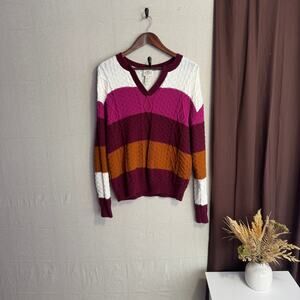 St. John’s Bay Sweater Size XL Pink White Stripe V-Neck Cotton Acrylic Knit Top